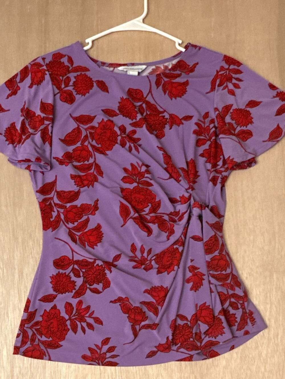 Y2K Liz Claiborne Purple and Red Floral Print Side Ruched Blouse Size S